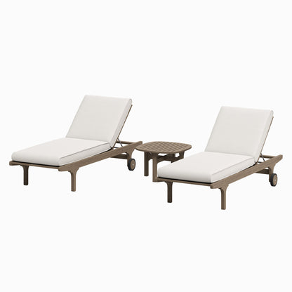 Saratoga Teak Wood 3-Piece Chaise Lounge Set with white cushions and 2 round side tables on Tampa Home & Garden Store