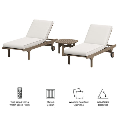 Saratoga teak outdoor chaise lounge set with two white cushions and round side table by Modway on Tampa Home & Garden Store