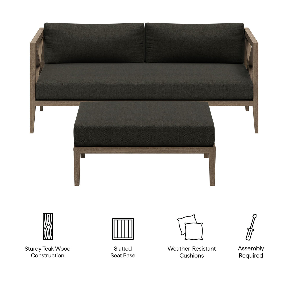 Northlake outdoor teak wood loveseat and ottoman set with dark charcoal cushions on Tampa Home & Garden Store