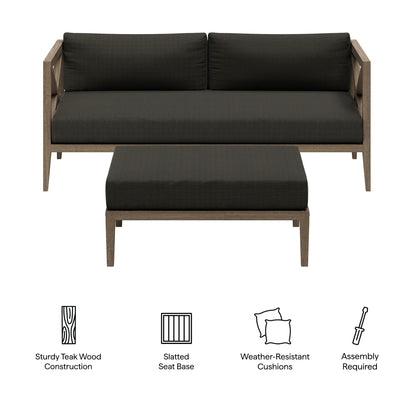 Northlake outdoor teak wood loveseat and ottoman set with dark charcoal cushions on Tampa Home & Garden Store