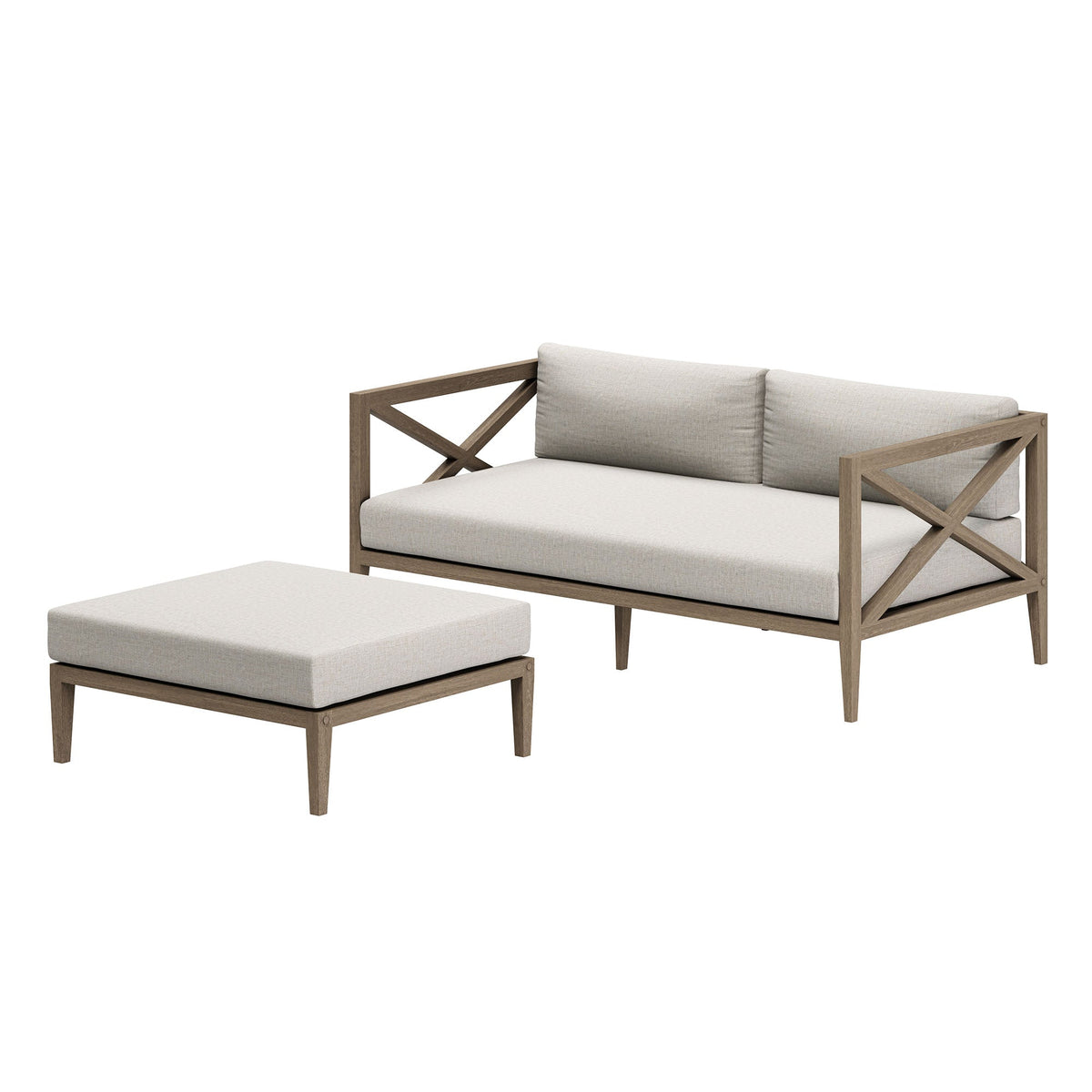 Northlake teak wood outdoor loveseat and ottoman with beige cushions, by HouseOfZazla on Tampa Home & Garden Store