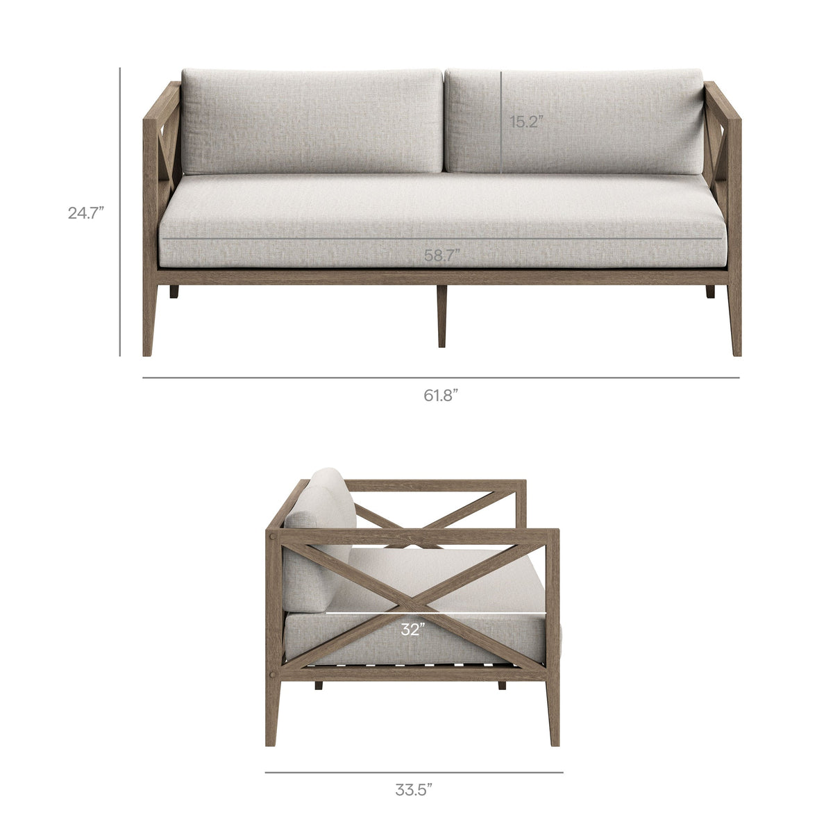 Northlake outdoor teak wood loveseat with ottoman and light gray cushions, teak frame by Modway on Tampa Home & Garden Store