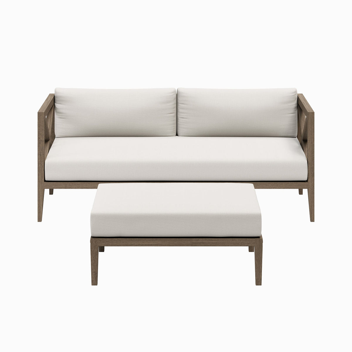 Northlake outdoor teak wood loveseat and ottoman two-piece set with beige cushions on Tampa Home & Garden Store