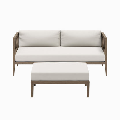 Northlake outdoor teak wood loveseat and ottoman two-piece set with beige cushions on Tampa Home & Garden Store