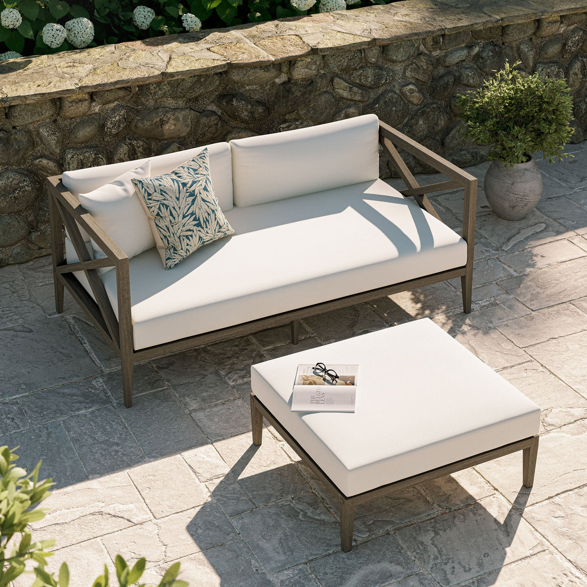 Northlake Outdoor Teak Wood Loveseat and Ottoman with white cushions; teak patio sofa pair on Tampa Home & Garden Store