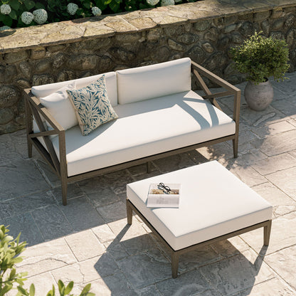 Northlake Outdoor Teak Wood Loveseat and Ottoman with white cushions; teak patio sofa pair on Tampa Home & Garden Store