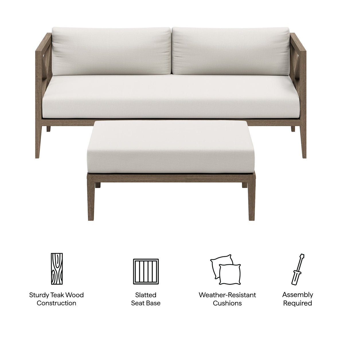 Northlake outdoor teak loveseat and ottoman set with beige cushions by Modway on Tampa Home & Garden Store
