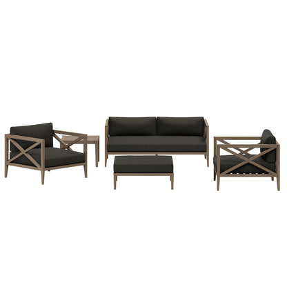 Northlake 5-Piece teak wood patio set with black cushions including sofa and lounge chairs on Tampa Home & Garden Store