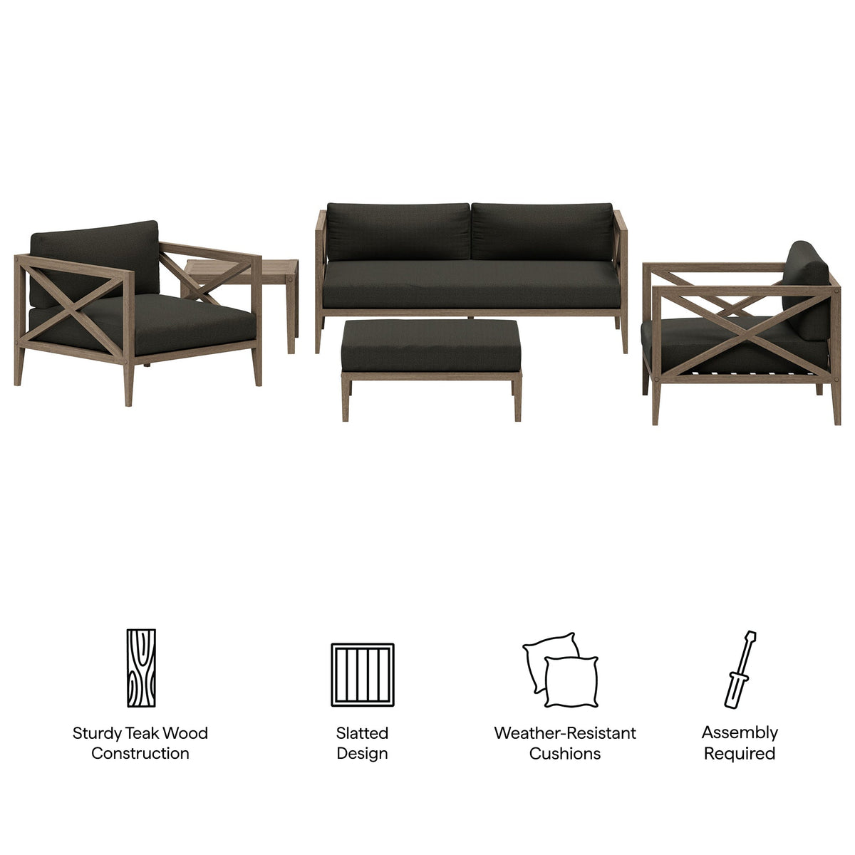 Northlake 5-Piece Outdoor Teak Sofa Set with dark cushions and coffee table on Tampa Home & Garden Store