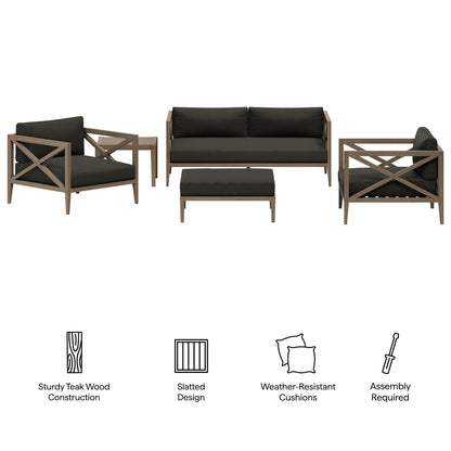 Northlake 5-Piece Outdoor Teak Sofa Set with dark cushions and coffee table on Tampa Home & Garden Store