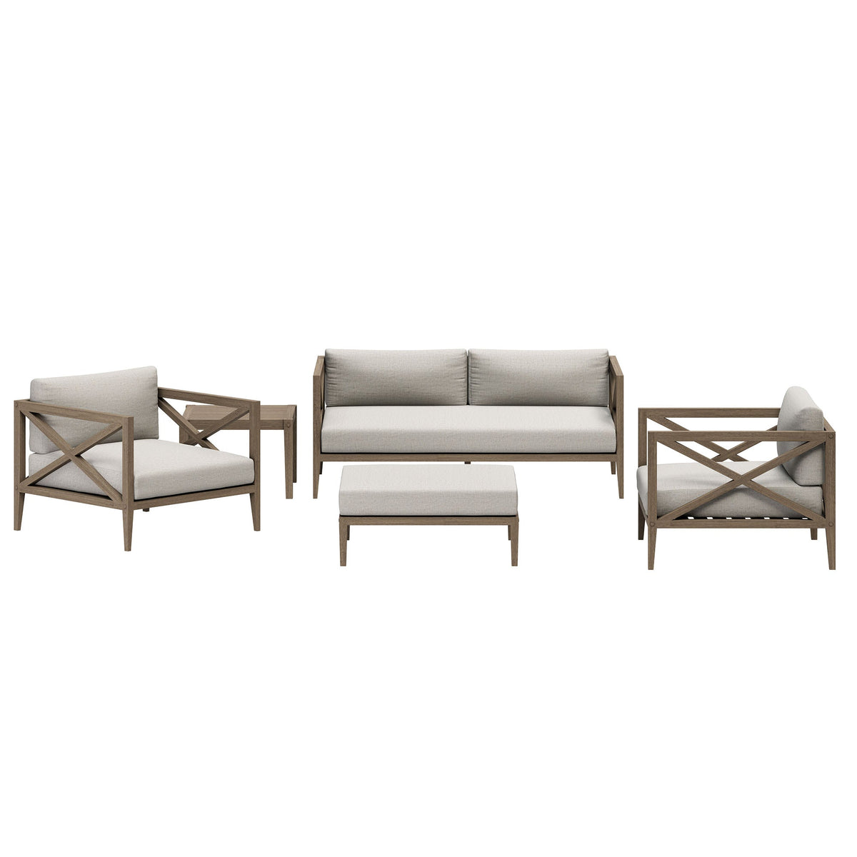 Northlake 5-Piece outdoor teak set with light gray cushions; sofa, 2 armchairs, 2 end tables on Tampa Home & Garden Store