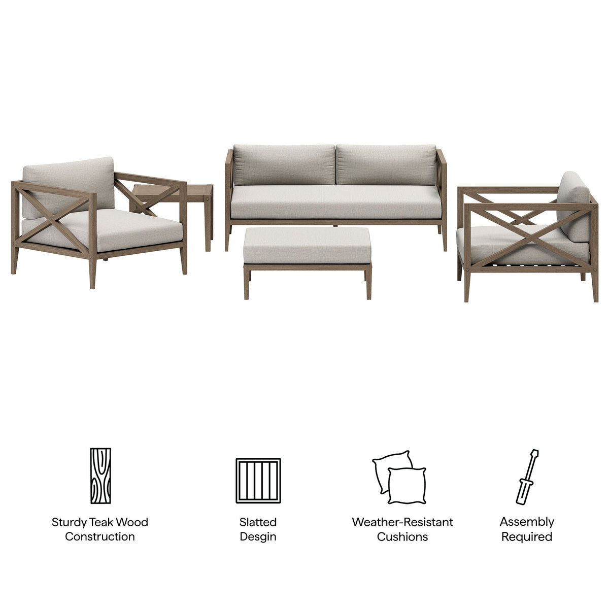 Northlake 5-Piece Teak Outdoor Set; sofa, 2 armchairs, coffee table, ottoman on Tampa Home & Garden Store
