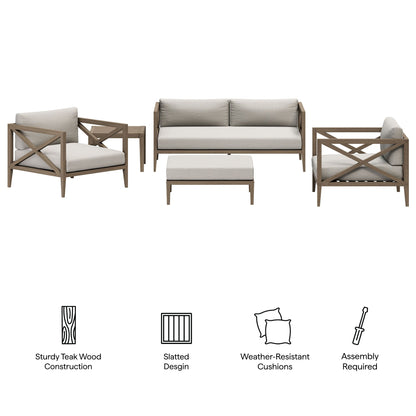 Northlake 5-Piece Teak Outdoor Set; sofa, 2 armchairs, coffee table, ottoman on Tampa Home & Garden Store