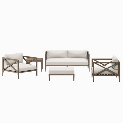 Northlake 5-Piece teak set with white cushions; sofa and two armchairs in sleek lounge style on Tampa Home & Garden Store