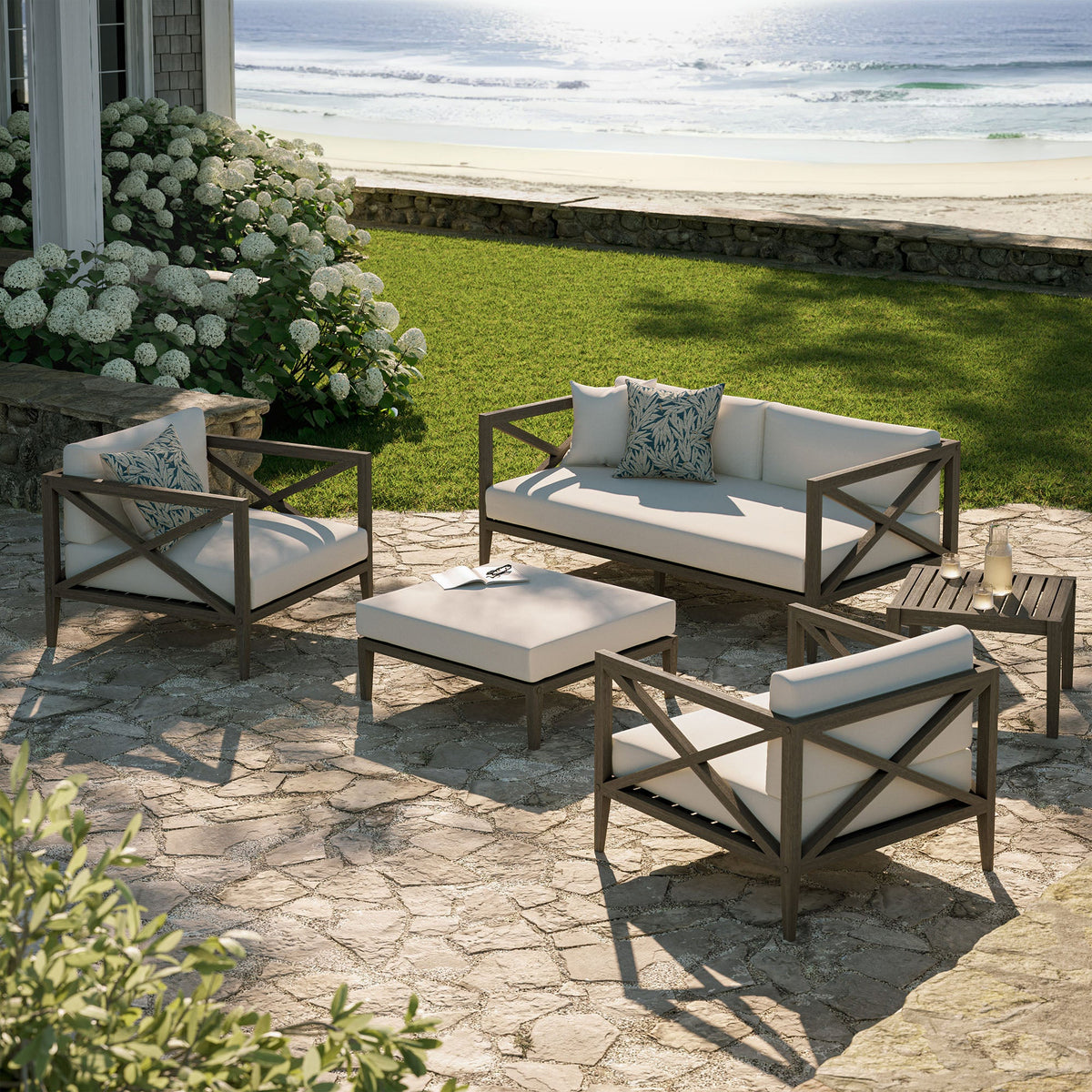Northlake 5-Piece Teak Patio Set with white cushions on a beachside stone patio by Modway on Tampa Home & Garden Store