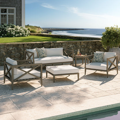 Northlake 5-Piece Outdoor Teak Wood Furniture Set with white cushions for patio by HouseOfZazla on Tampa Home & Garden Store