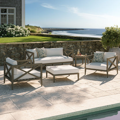 Northlake 5-piece outdoor teak wood patio set with white cushions and coastal pillows on Tampa Home & Garden Store