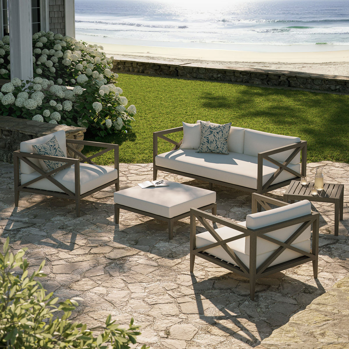Northlake 5-Piece Teak Wood Furniture Set with white cushions by Modway for patio seating on Tampa Home & Garden Store