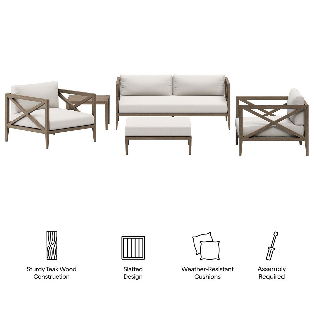 Northlake 5-Piece Outdoor Teak Wood Patio Set with white cushions on Tampa Home & Garden Store