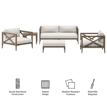 Northlake 5-Piece Outdoor Teak Wood Patio Set with white cushions on Tampa Home & Garden Store