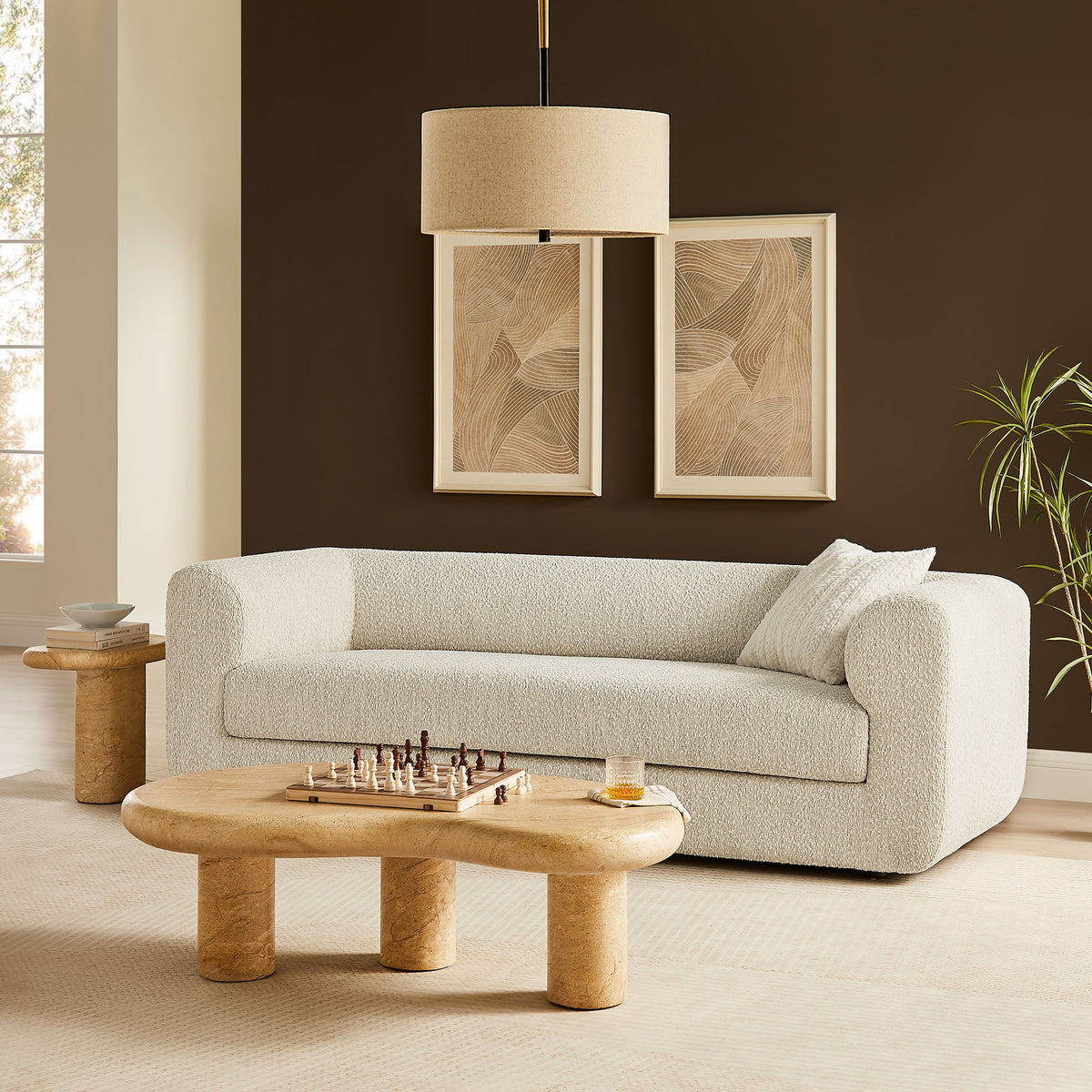 Leif 89in Boucle Upholstered Sofa cream boucle fabric in a modern living room on Tampa Home & Garden Store