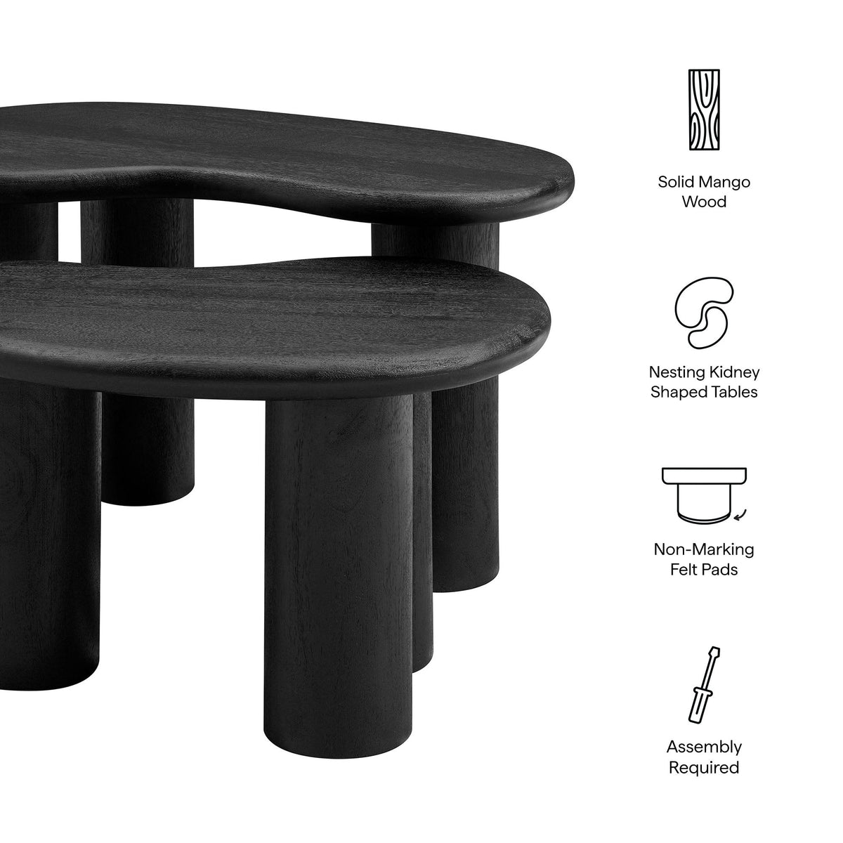 Hackney Mango Wood Nesting Coffee Table Set black mango wood kidney-shaped tables 3-piece on Tampa Home & Garden Store