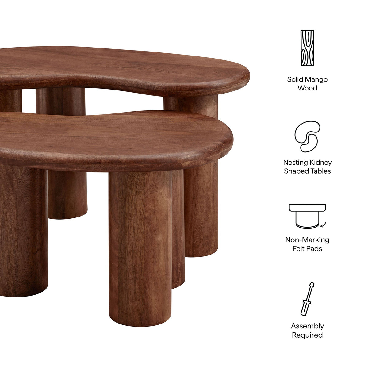Hackney Mango Wood Nesting Coffee Table Set; solid mango wood in warm brown finish, 3-piece set on Tampa Home & Garden Store