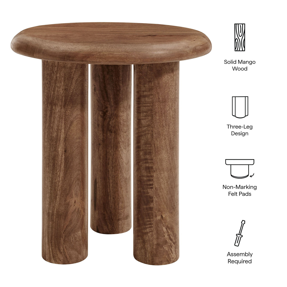 Mavina mango wood end table with round top and three-leg design in natural finish on Tampa Home & Garden Store