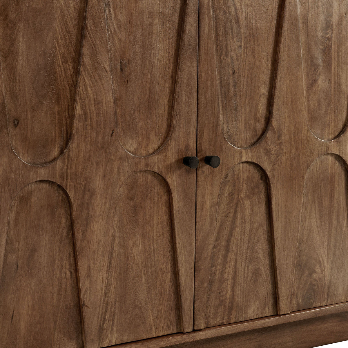 Veda Mango Wood Sideboard front with carved panels, dark brown finish, black knobs on Tampa Home & Garden Store