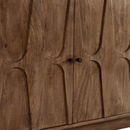 Veda Mango Wood Sideboard front with carved panels, dark brown finish, black knobs on Tampa Home & Garden Store