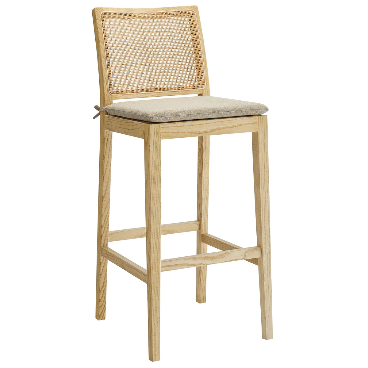 Ovard Wood and Rattan Bar Stool with beige cushion, oak frame by HouseOfZazla on Tampa Home & Garden Store
