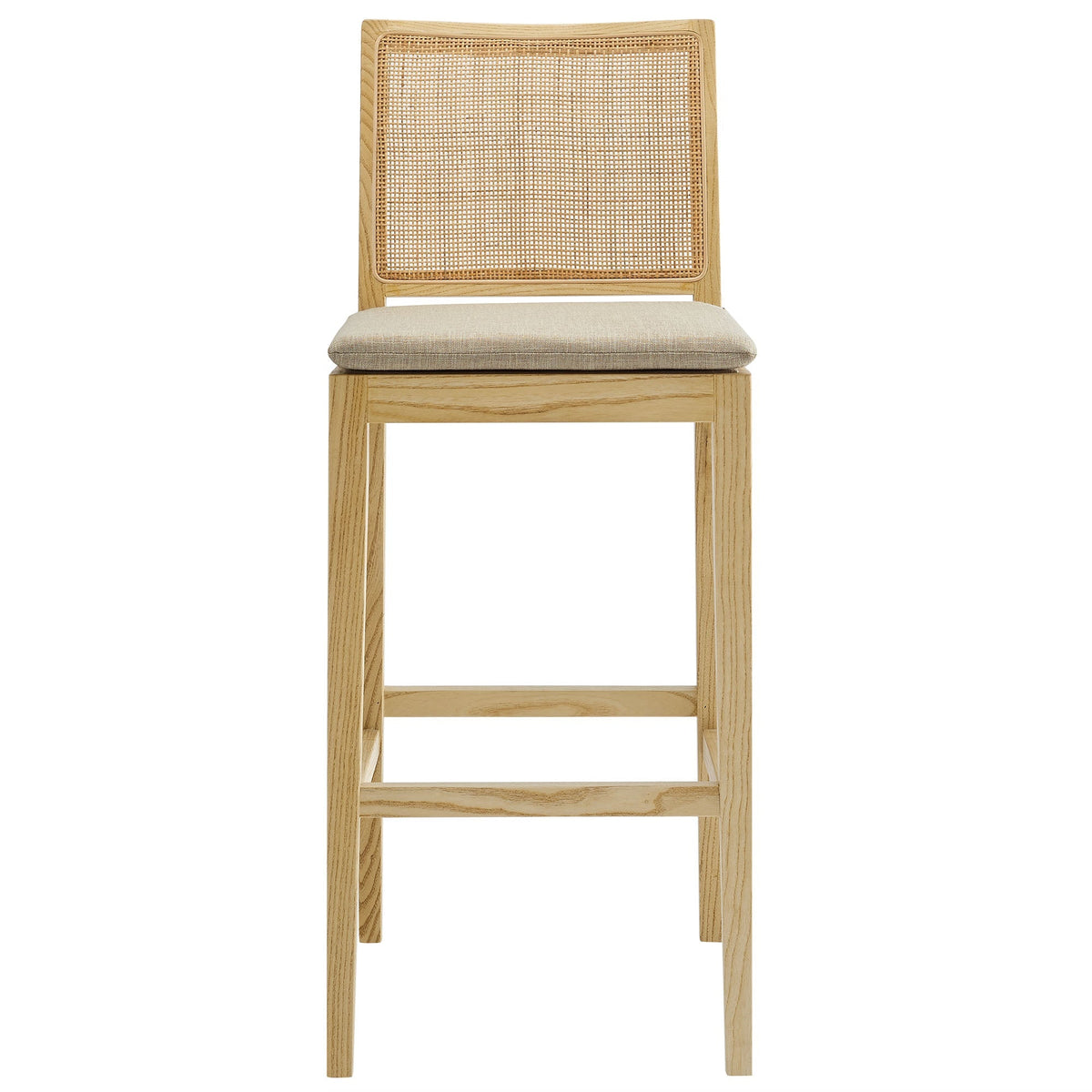 Ovard Wood and Rattan Bar Stool with natural wood frame and woven cane back, beige cushion on Tampa Home & Garden Store