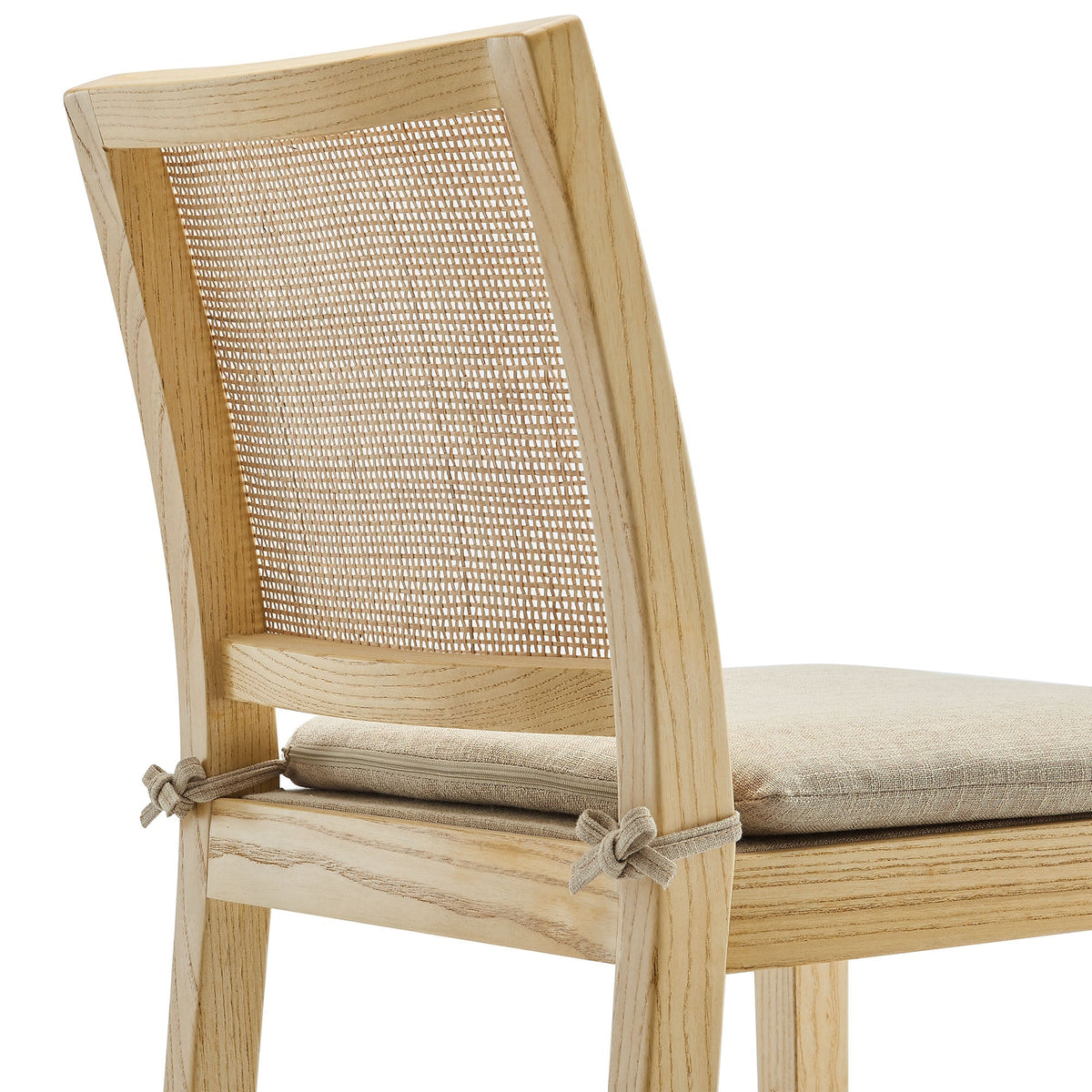 Ovard wood and rattan bar stool with natural wood frame woven cane back beige cushion on Tampa Home & Garden Store