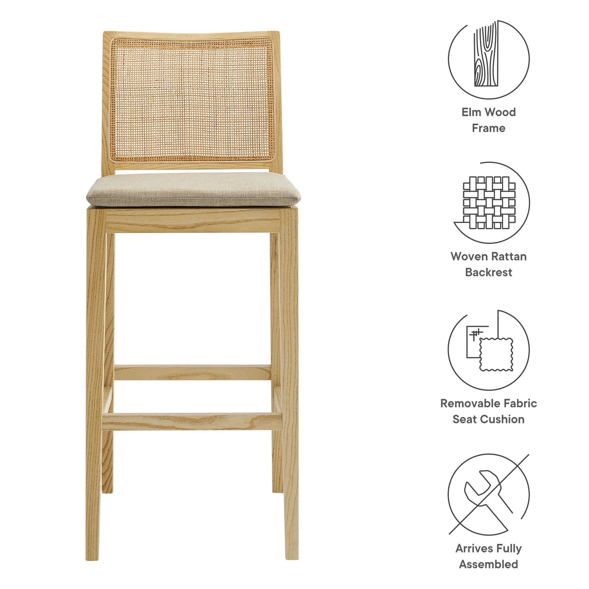 Bar stool Ovard wood and rattan by Modway with elm wood frame woven back and beige seat cushion on Tampa Home & Garden Store