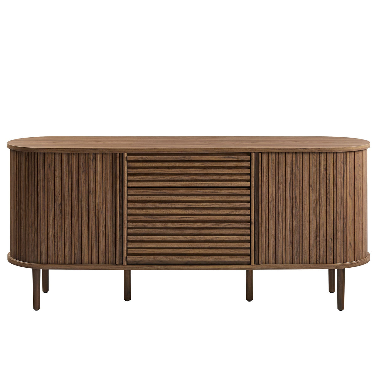 Harlan 67in fluted oval sideboard cabinet with vertical slat doors in warm walnut finish on Tampa Home & Garden Store
