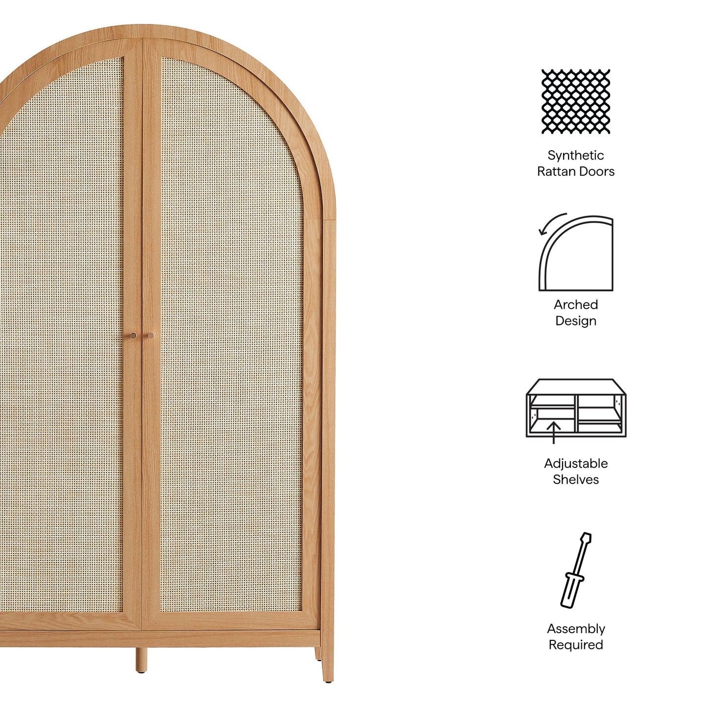 Calista 79in tall rattan arched cabinet with natural wood frame and synthetic rattan doors on Tampa Home & Garden Store