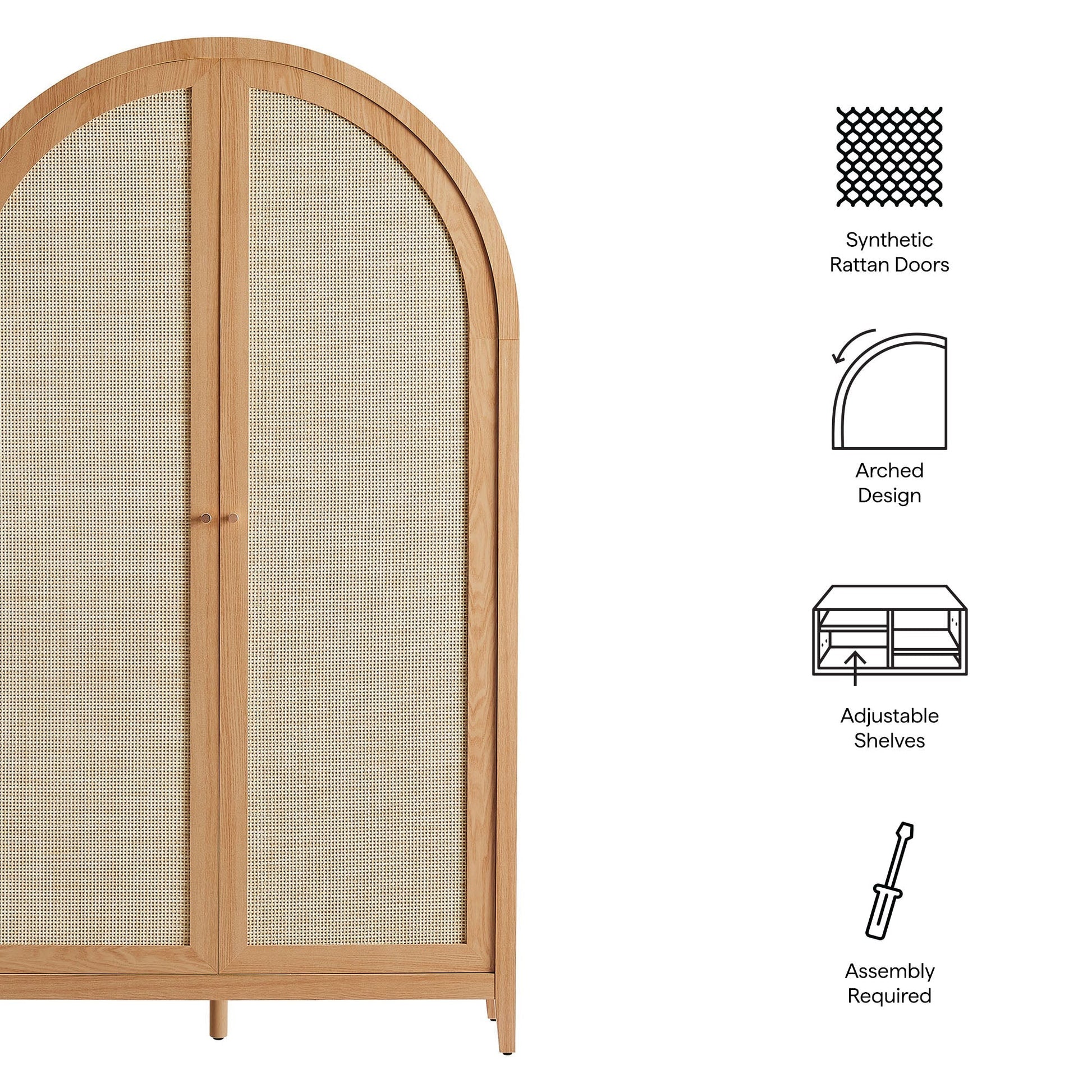 Calista 79in tall rattan arched cabinet with natural wood frame and synthetic rattan doors on Tampa Home & Garden Store
