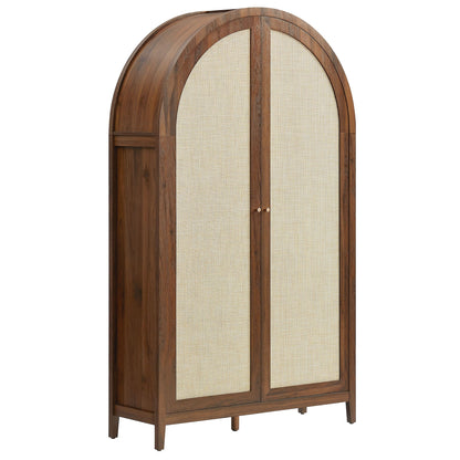 Calista 79in tall rattan arched storage cabinet with cane panels in dark wood on Tampa Home & Garden Store