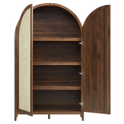 Calista 79in Rattan Arched Storage Cabinet with left rattan, right wood doors in dark walnut on Tampa Home & Garden Store