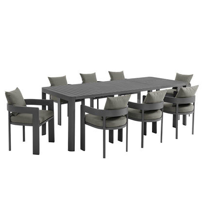 Tahoe 9-piece outdoor dining set with extendable table, dark gray aluminum frame and cushions on Tampa Home & Garden Store