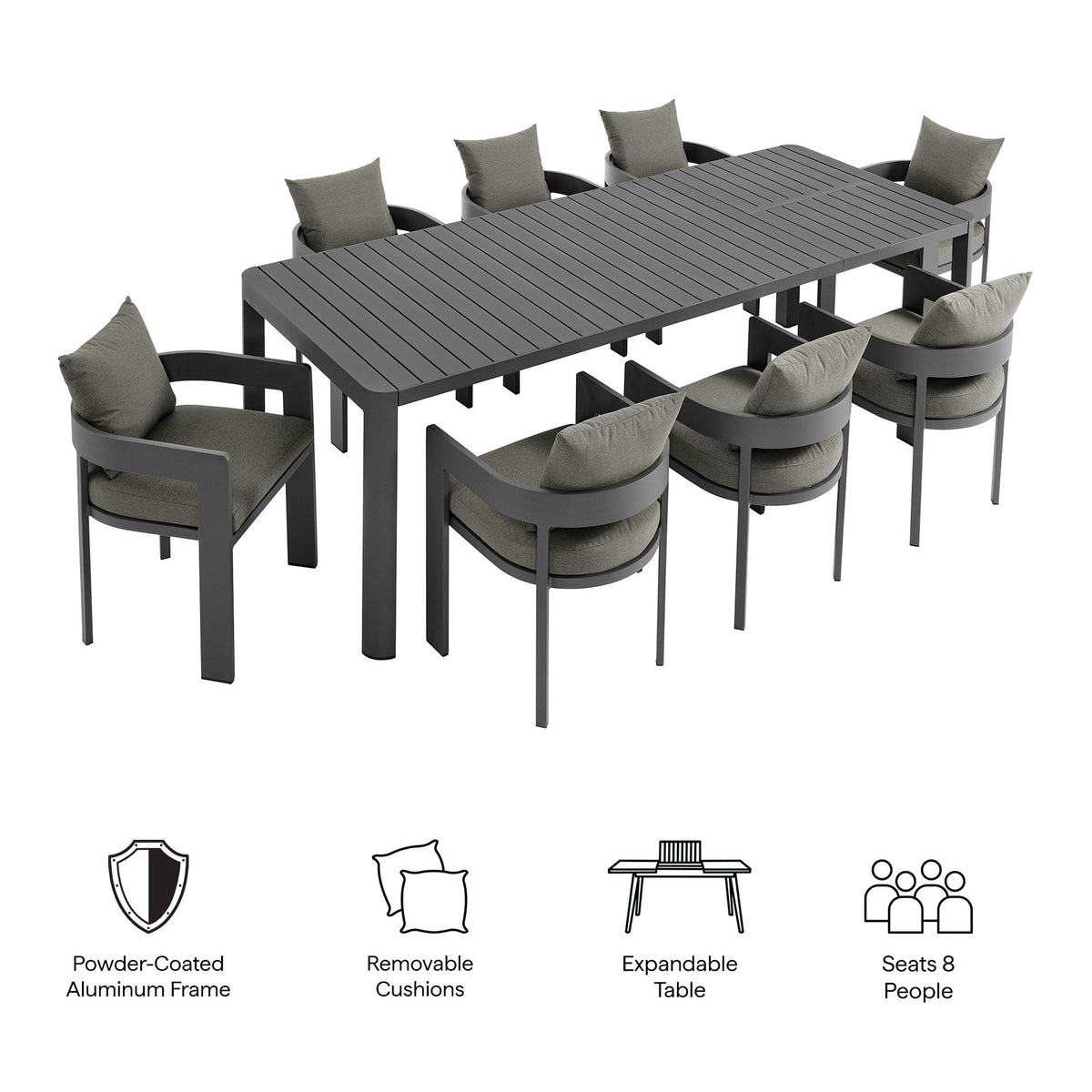 Tahoe 9-Piece Outdoor Patio Dining Set with Extendable Table, gray aluminum frame, 8 cushions on Tampa Home & Garden Store