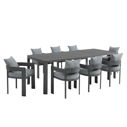Tahoe 9-Piece Patio Aluminum Dining Set with Extendable Table, gray cushions on Tampa Home & Garden Store
