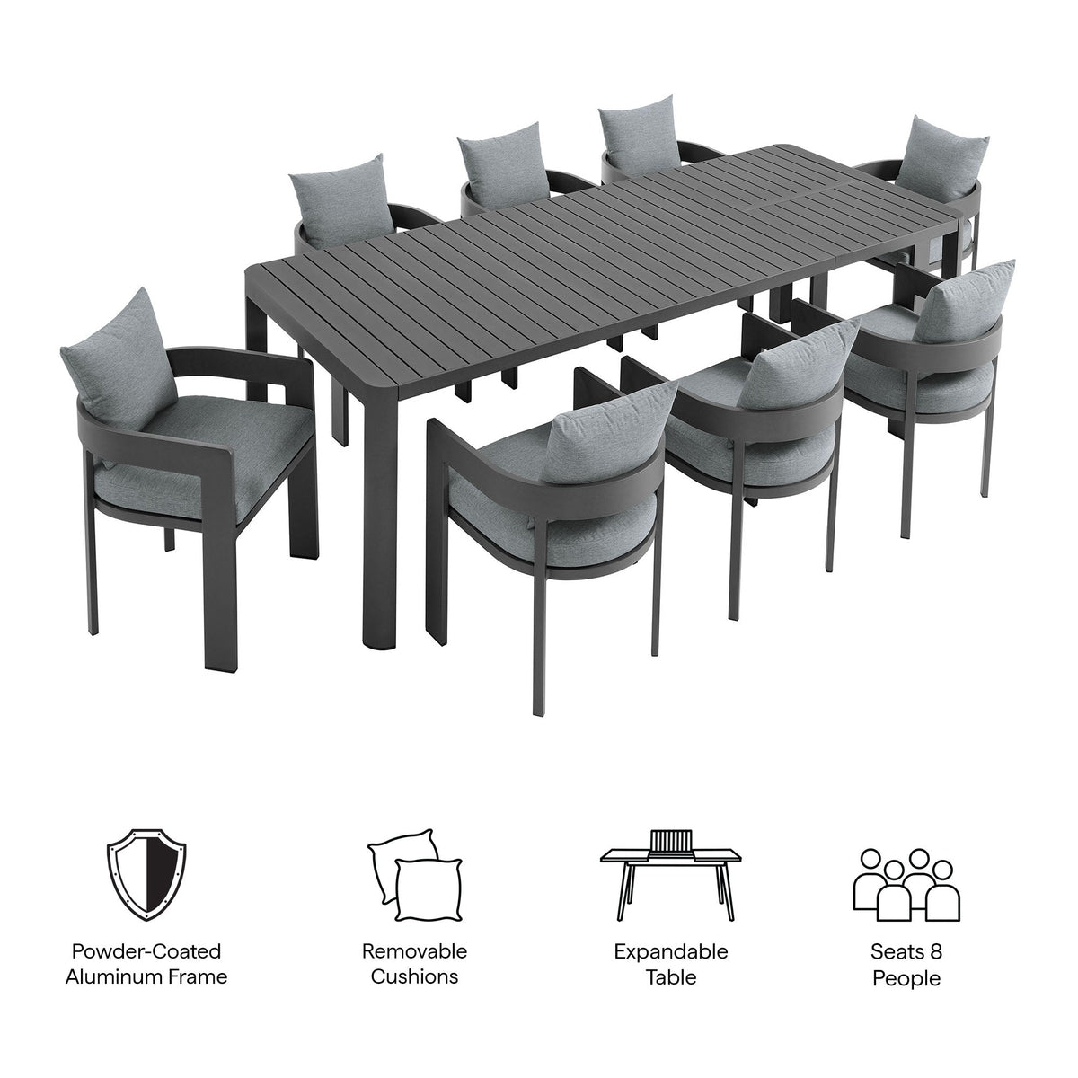 Tahoe 9-Piece Outdoor Patio Aluminum Dining Set with Extendable Table by Modway, gray cushions on Tampa Home & Garden Store