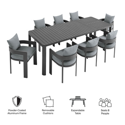 Tahoe 9-Piece Outdoor Patio Aluminum Dining Set with Extendable Table by Modway, gray cushions on Tampa Home & Garden Store