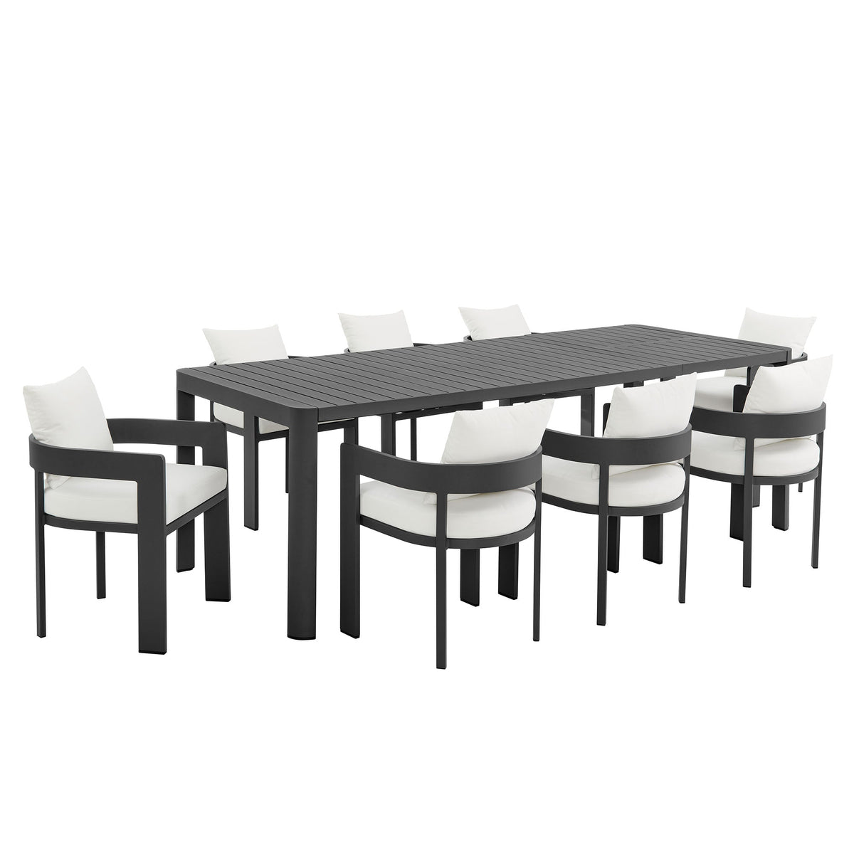 Tahoe 9-piece outdoor aluminum dining set with extendable black table and white cushions on Tampa Home & Garden Store