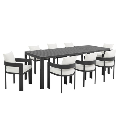 Tahoe 9-piece outdoor aluminum dining set with extendable black table and white cushions on Tampa Home & Garden Store