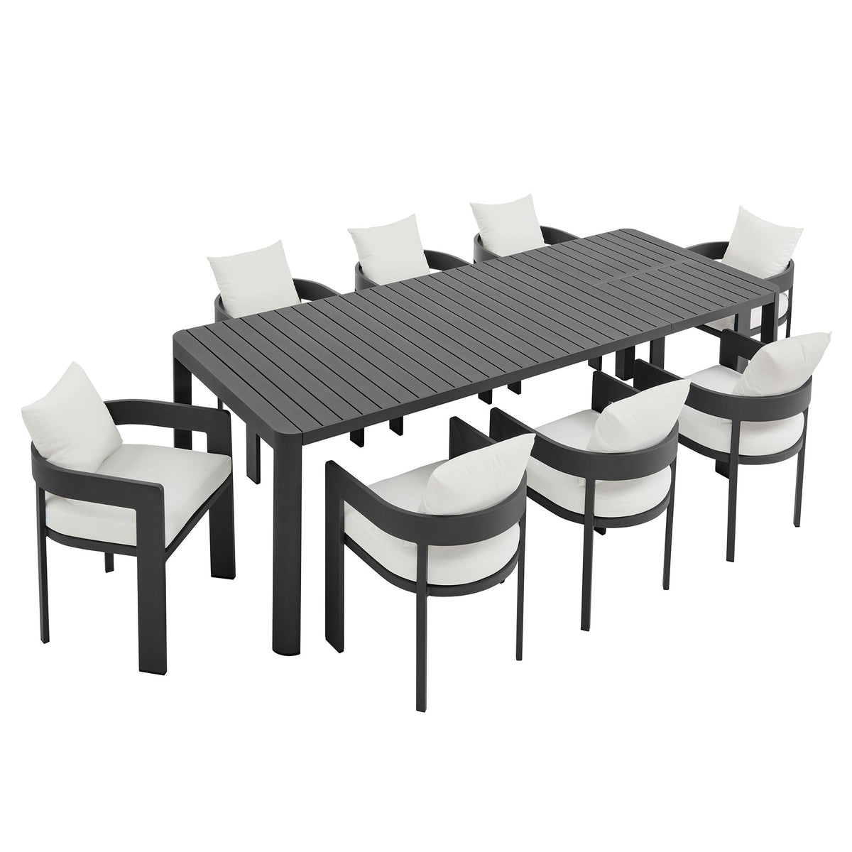 Tahoe 9-Piece Outdoor Aluminum Dining Set Extendable Table; dark gray frame with white cushions on Tampa Home & Garden Store