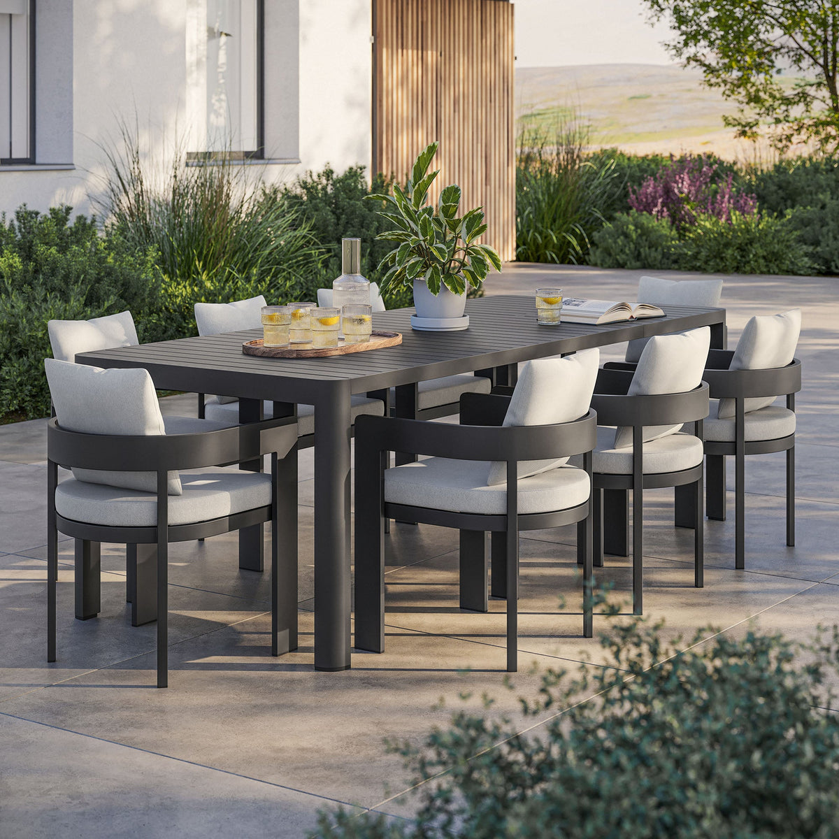 Tahoe 9-piece outdoor aluminum dining set with extendable table and charcoal cushions by Modway on Tampa Home & Garden Store