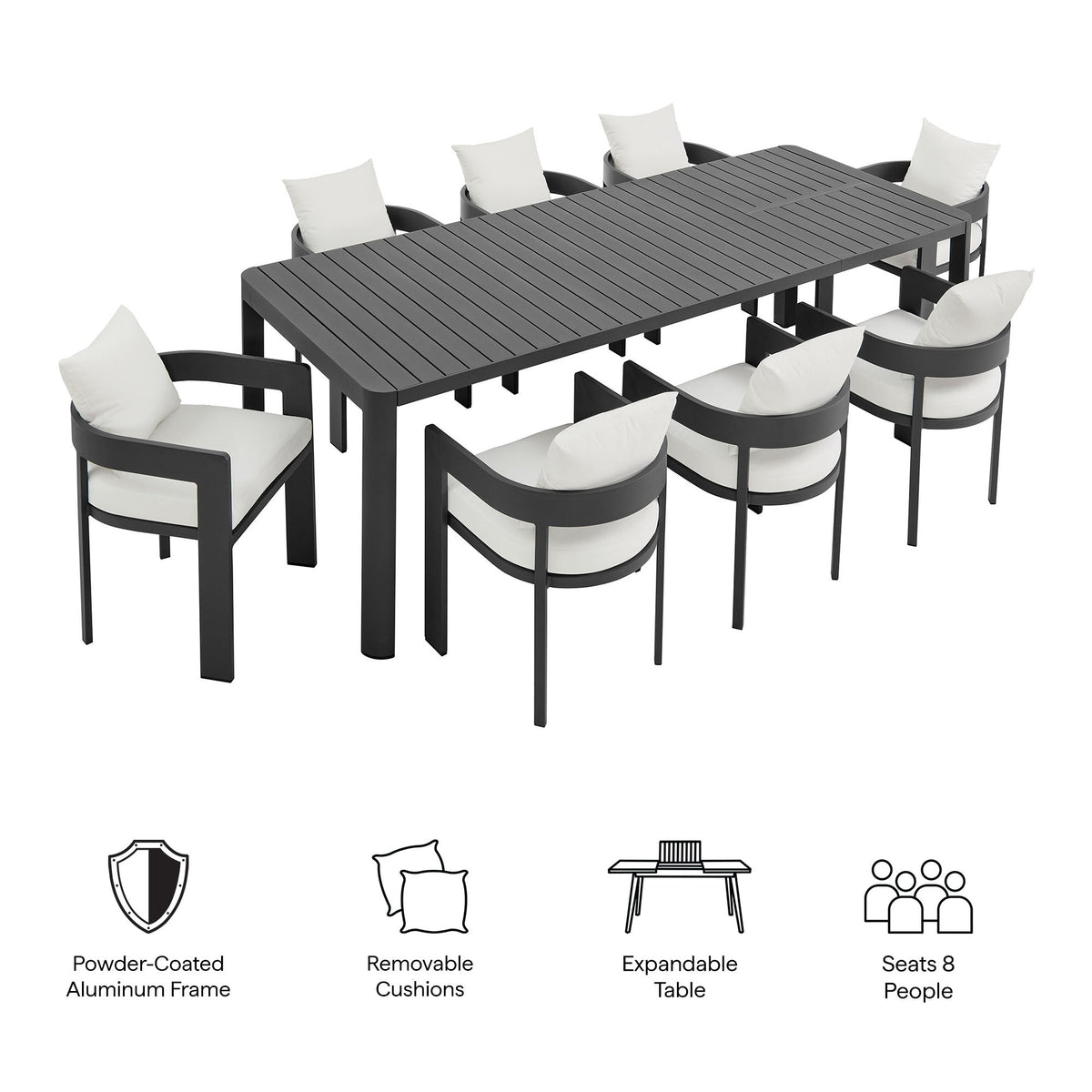 Tahoe 9-Piece outdoor aluminum dining set with extendable table and white cushions on Tampa Home & Garden Store