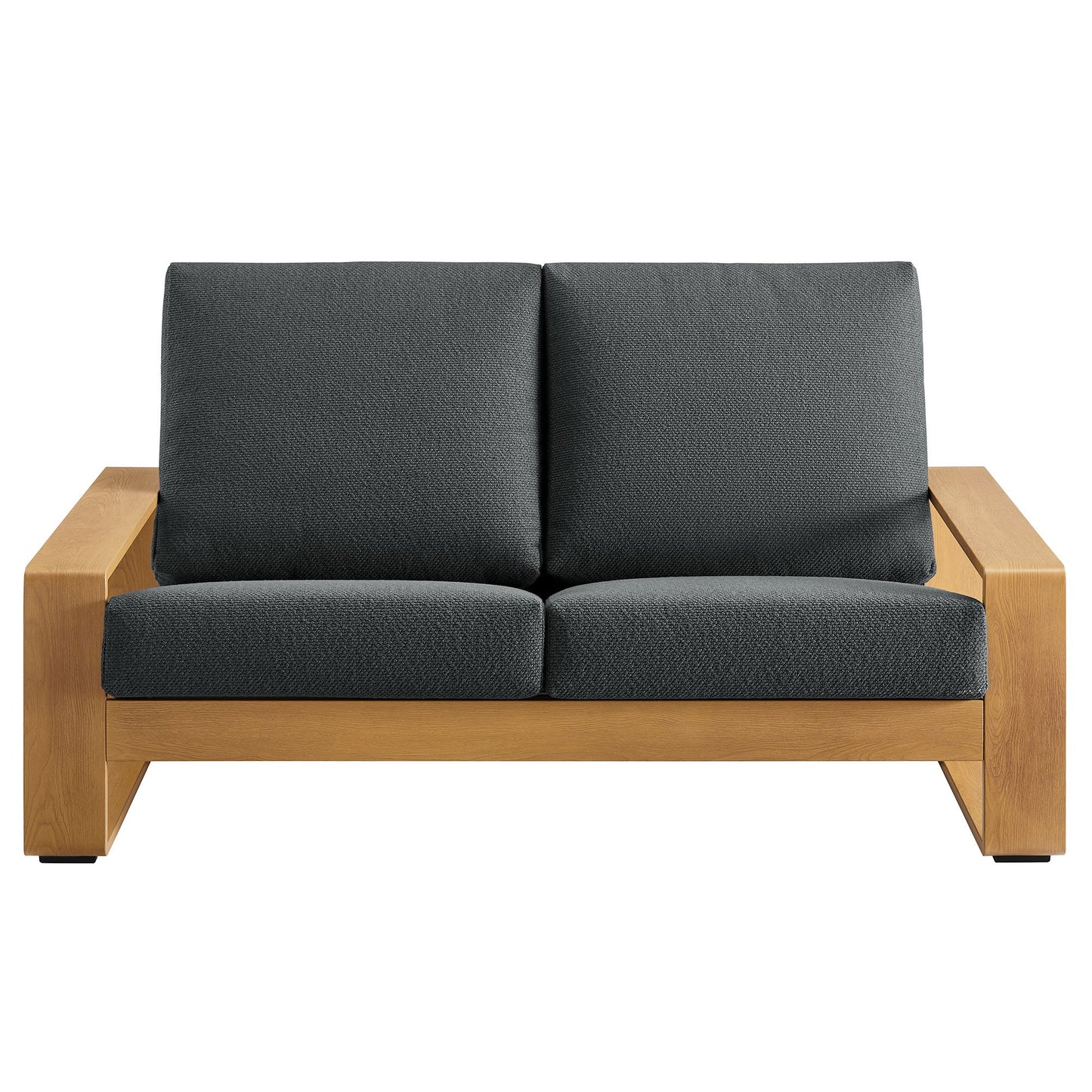 Lirienne outdoor loveseat with dark charcoal cushions and wood-tone frame on Tampa Home & Garden Store
